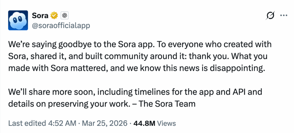 news that Sora is saying goodbye to its app